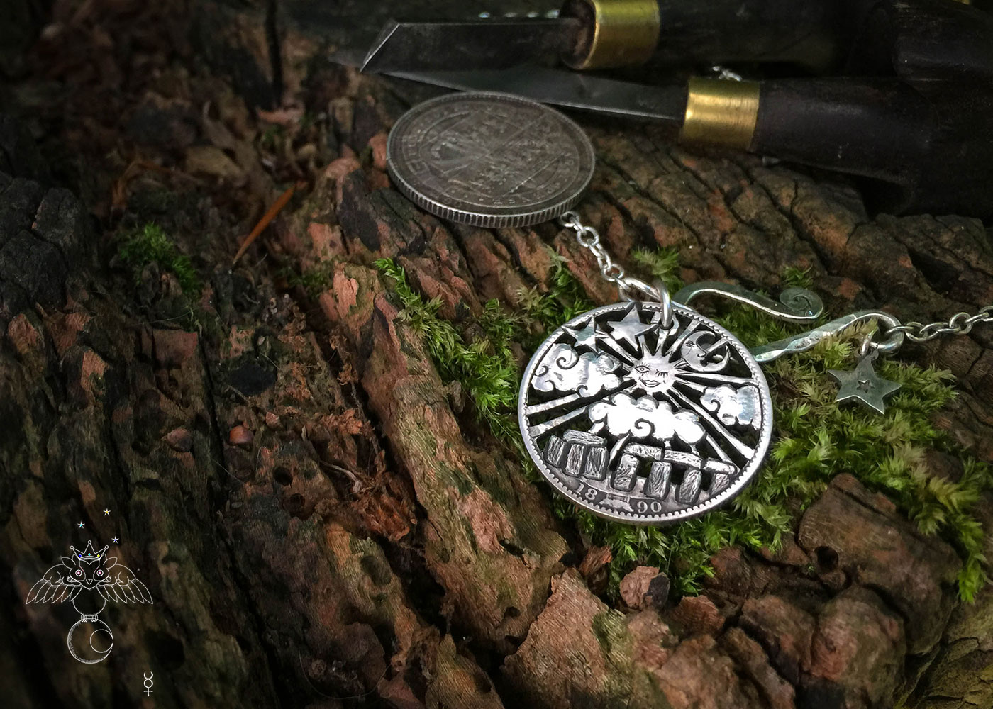 handmade and recycled silver shilling coin moon gazing summer solstice stonehenge necklace