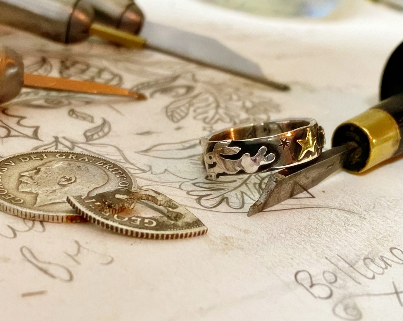 handcrafted and recycled silver sixpence and fork magical leaping hare ring