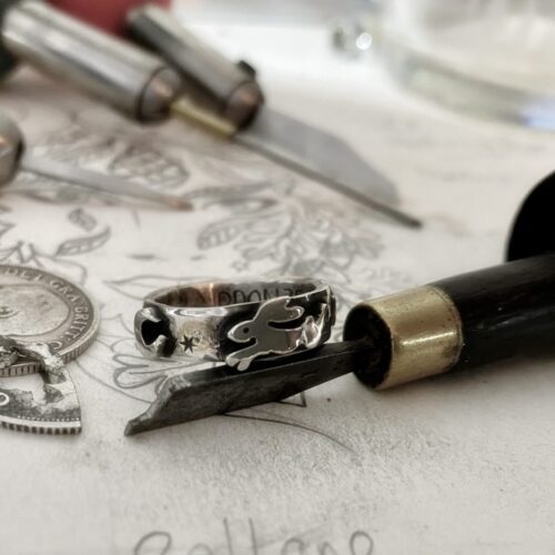 handcrafted and recycled silver sixpence and fork magical leaping hare ring