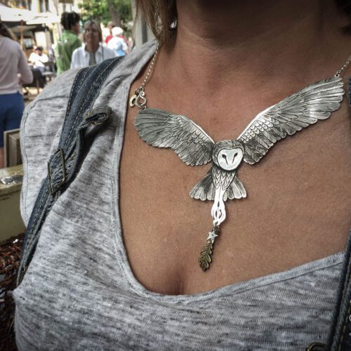 handcrafted and recycled silver coin owl necklace