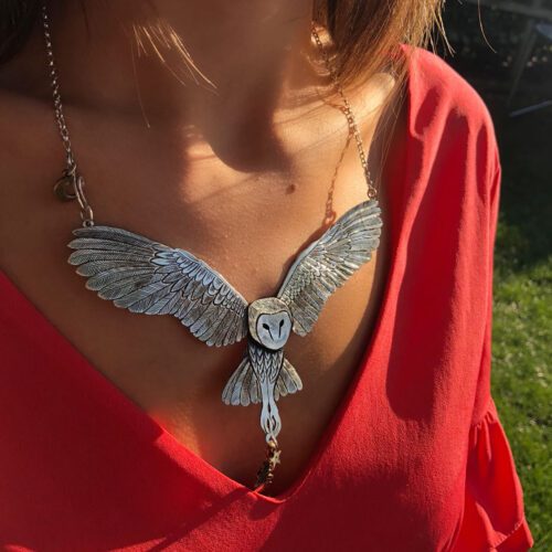 Owl necklace Handcrafted jewellery recycled from entirely unwanted and unused silver raw materials. 100 yr old silver coins and cutlery transformed.