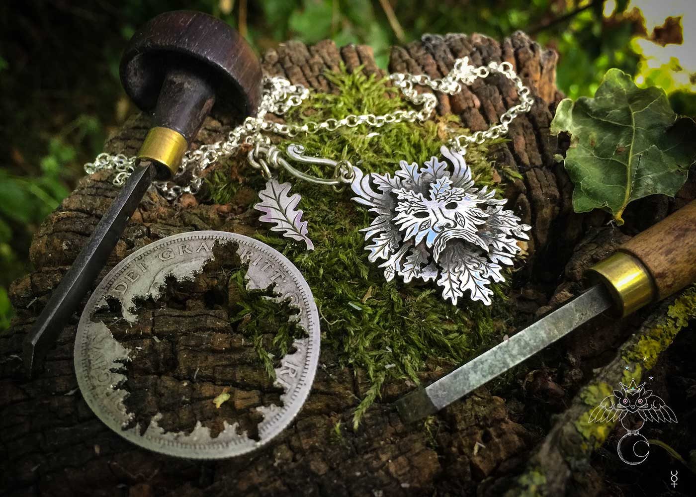 handcrafted and recycled silver halfcrown 100 year old greenman necklace
