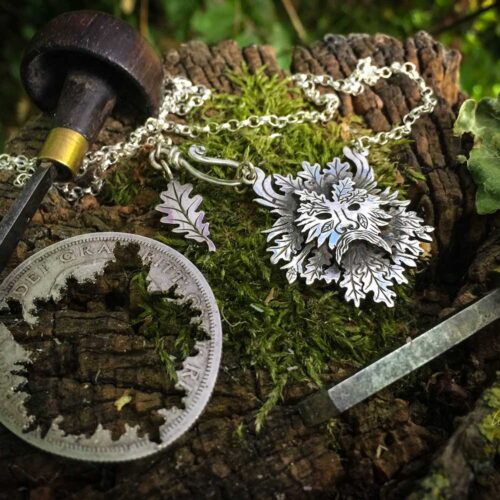 handcrafted and recycled silver halfcrown 100 year old greenman necklace