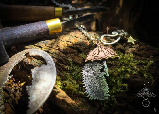 Jasper the recycled silver coin umbrella touting hedgehog