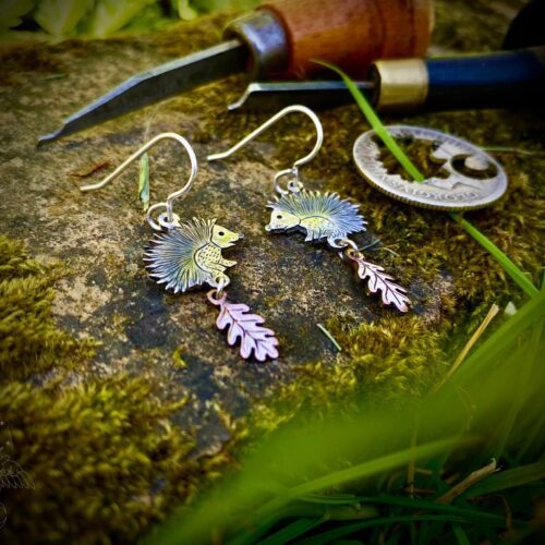 handcrafted hedgehog earrings recycled from silver coins by independent jeweller, jewellery designer