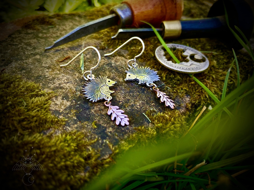 handcrafted hedgehog earrings recycled from silver coins by independent jeweller, jewellery designer
