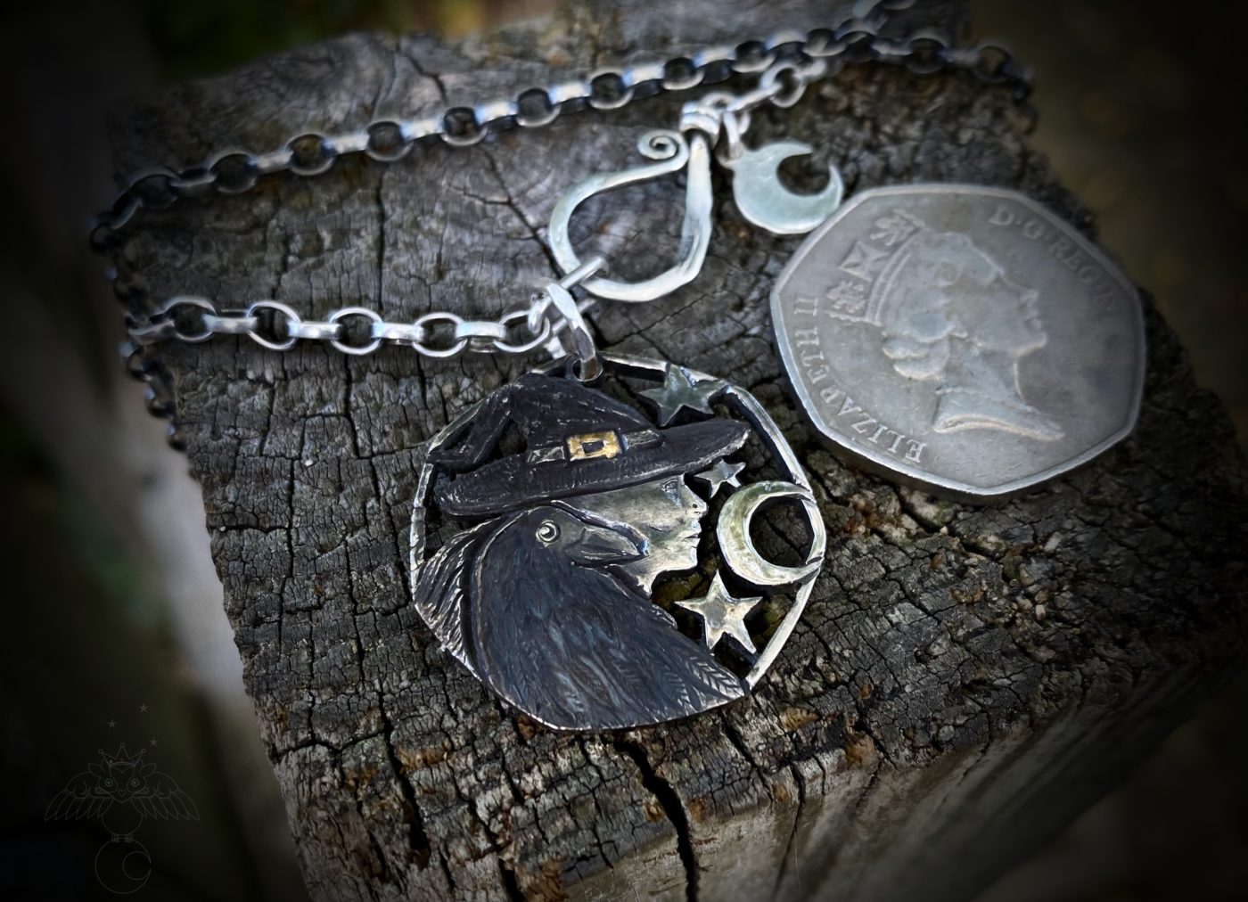 Handmade and recycled coin raven-queen pendant necklace