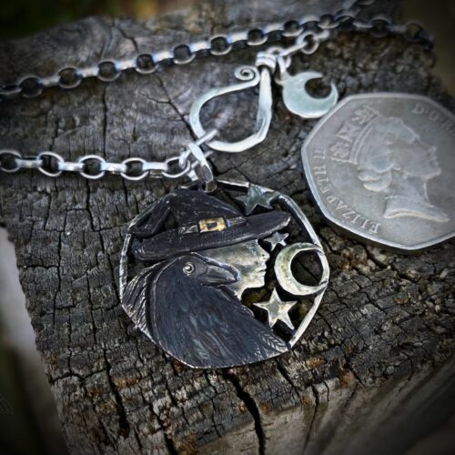 Handmade and recycled coin raven-queen pendant necklace