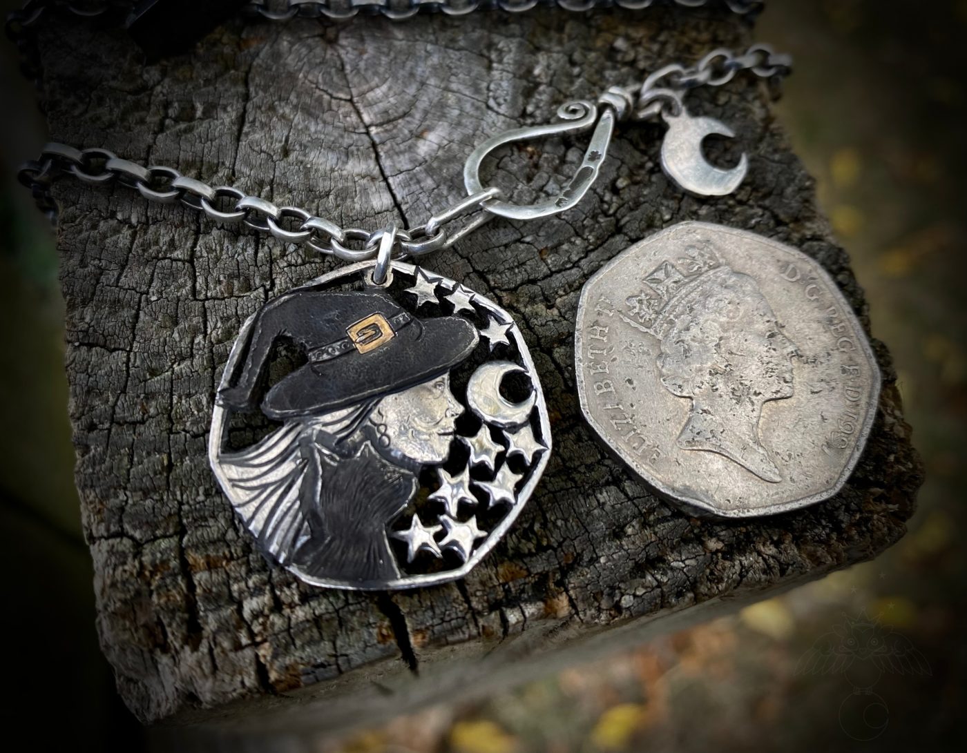 Handcrafted and recycled coin witch-queen pendant necklace