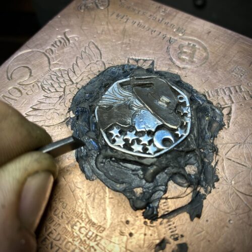 Handcrafted and recycled coin witch-queen pendant necklace