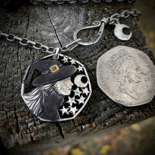 Handcrafted and recycled coin witch-queen pendant necklace