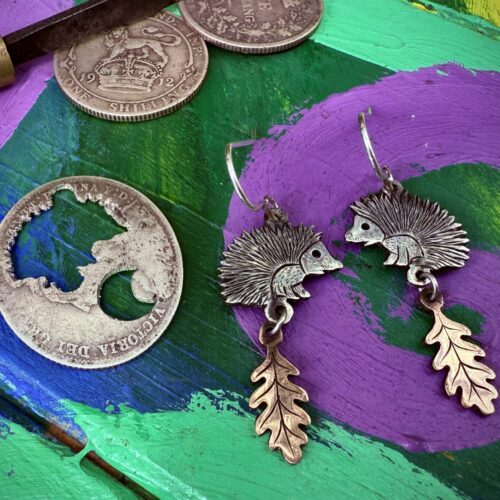 handcrafted hedgehog earrings recycled from silver coins by independent jeweller, jewellery designer