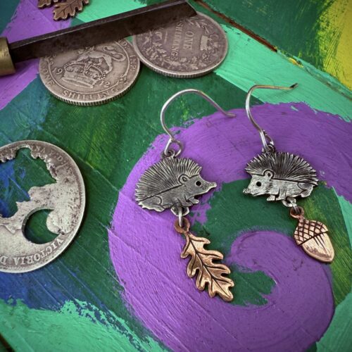 handcrafted hedgehog earrings recycled from silver coins by independent jeweller, jewellery designer