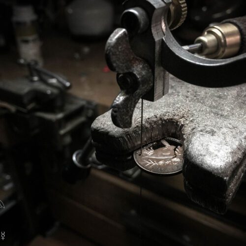 Jenny wren coin jewellery being created in the independent ethical jewellery workshop at Hairy Growler