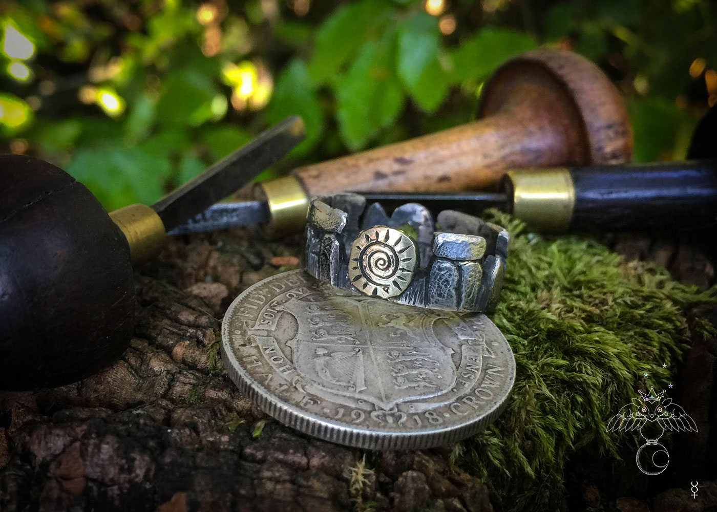 Stonehenge ring handcrafted with traditional hand tools and techniques from a recycled silver coin
