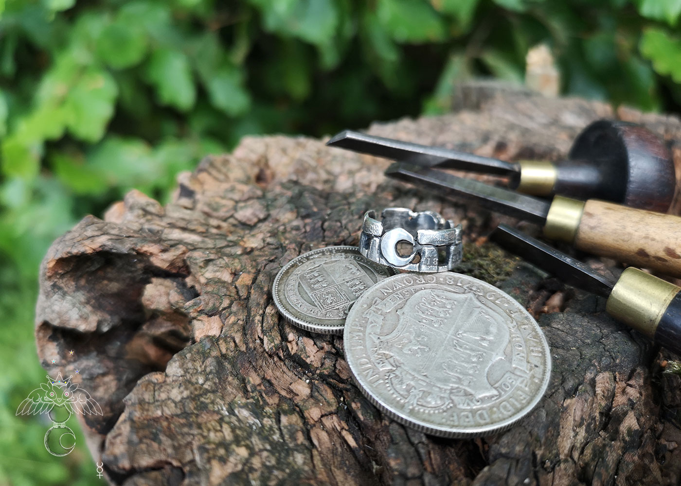 Stonehenge ring coin jewellery handcrafted with traditional hand tools and techniques from a recycled silver coin