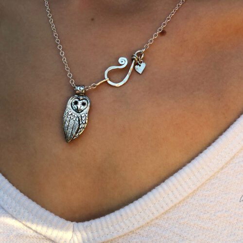 Owl necklace handmade and recycled coin jewellery. Independent artisan jeweller studio workshop specialising in nature themes. Each piece is ethically made and original.