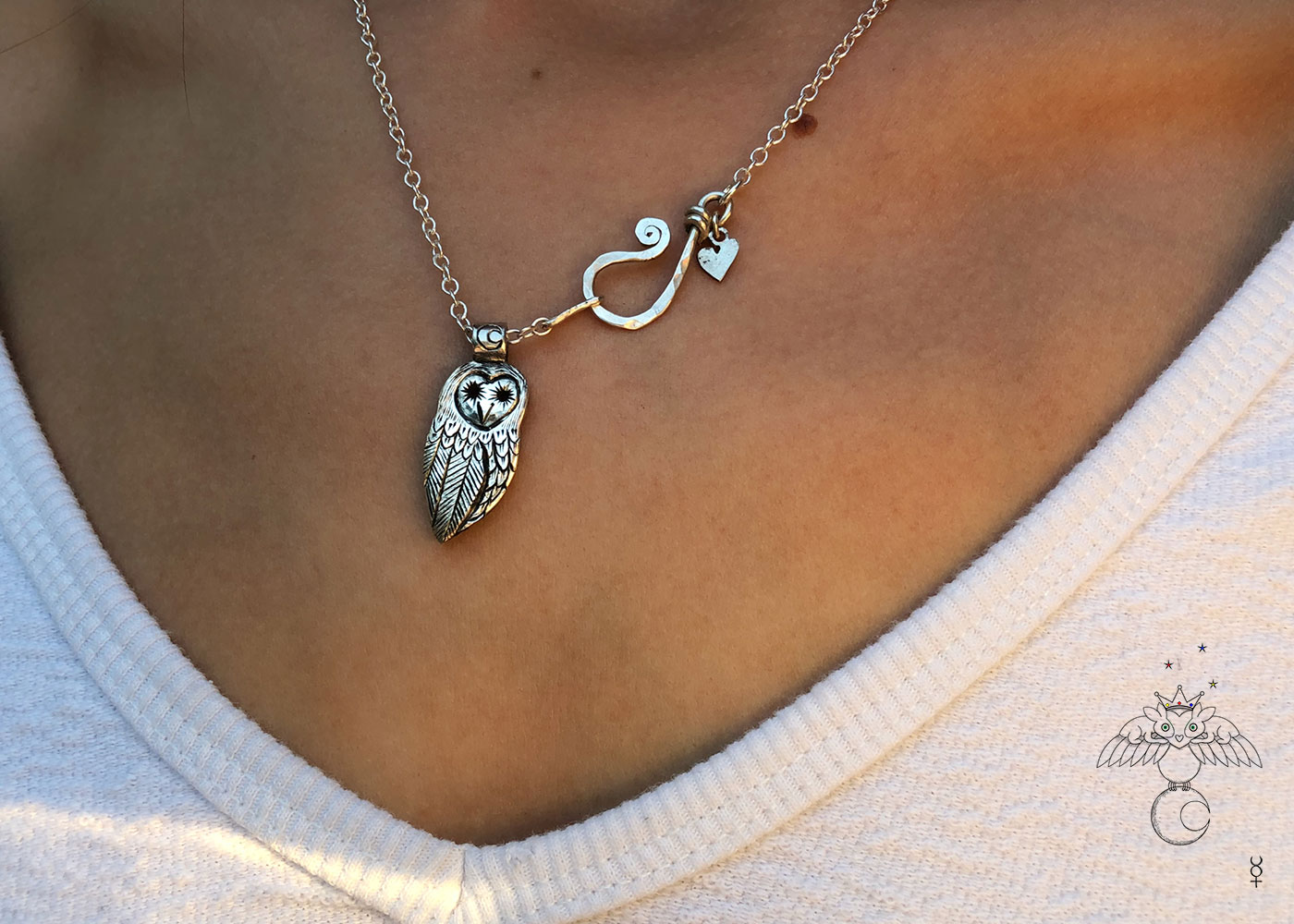 Owl necklace handmade and recycled coin jewellery. Independent artisan jeweller studio workshop specialising in nature themes. Each piece is ethically made and original.