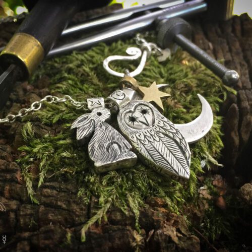 Owl necklace handmade and recycled coin jewellery. Independent artisan jeweller studio workshop specialising in nature themes. Each piece is ethically made and original.