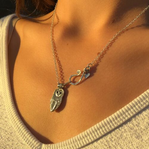 Owl necklace handmade and recycled coin jewellery. Independent artisan jeweller studio workshop specialising in nature themes. Each piece is ethically made and original.