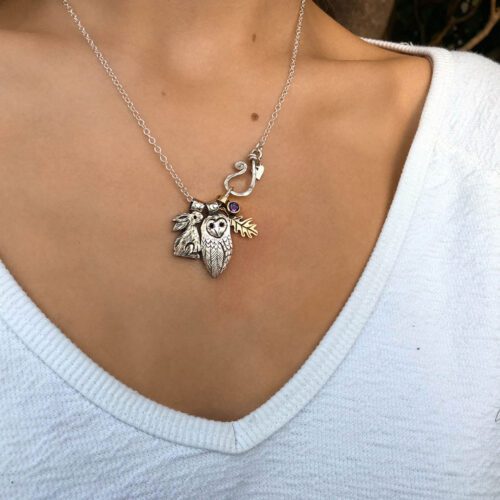 Owl necklace handmade and recycled coin jewellery. Independent artisan jeweller studio workshop specialising in nature themes. Each piece is ethically made and original.