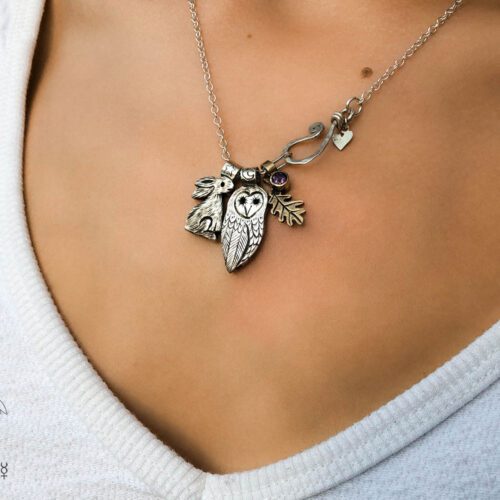 Owl necklace handmade and recycled coin jewellery. Independent artisan jeweller studio workshop specialising in nature themes. Each piece is ethically made and original.