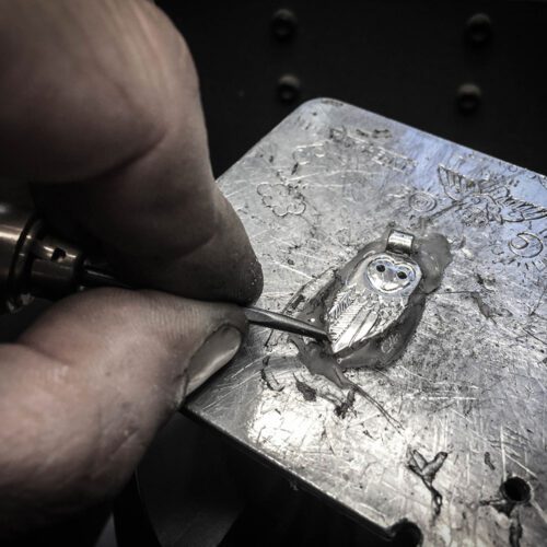 Owl necklace handmade and recycled coin jewellery. Independent artisan jeweller studio workshop specialising in nature themes. Each piece is ethically made and original.