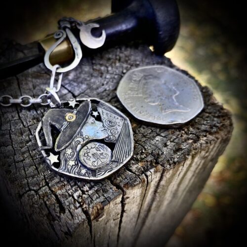 Witch coin necklace handmade and recycled coin jewellery. Ethical, inpendent, artisan jeweller creates unique original recycled jewellery