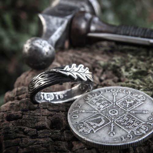 Oak leaf silver coin ring handmade and ethical wedding rings made by independent artisan jeweller inspired by nature and folk roots