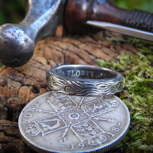 Oak leaf silver coin ring handmade and ethical wedding rings made by independent artisan jeweller inspired by nature and folk roots