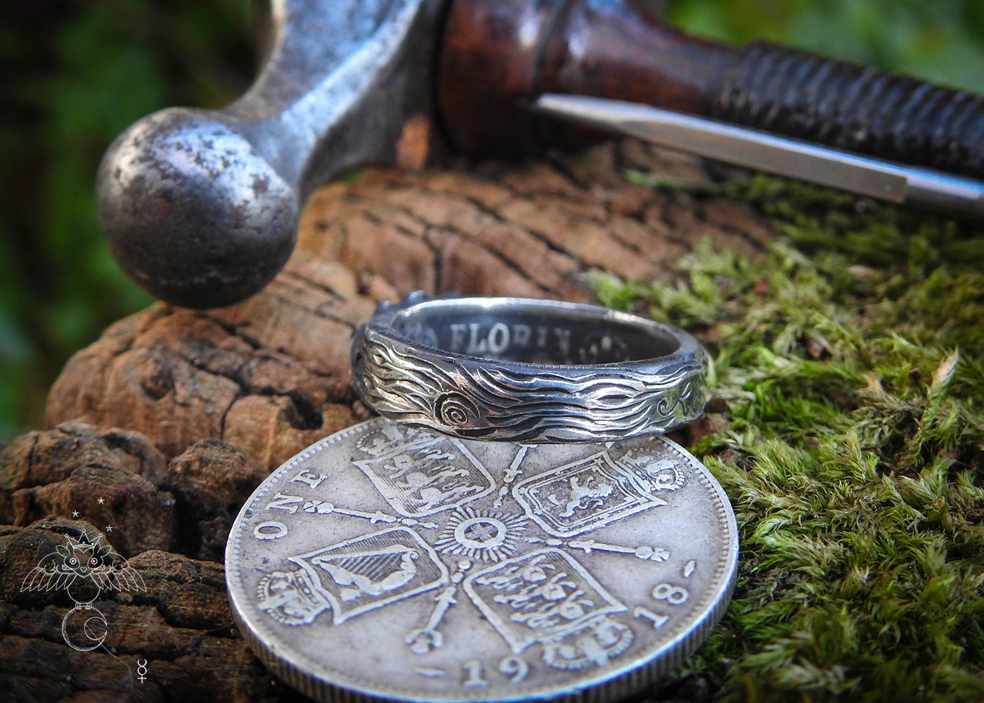 Oak leaf silver coin ring handmade and ethical wedding rings made by independent artisan jeweller inspired by nature and folk roots