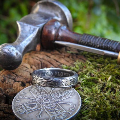 Oak leaf silver coin ring handmade ethical recycled wedding rings