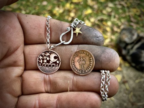 handmade and upcycled summer solstice Stonehenge coin necklace pendant