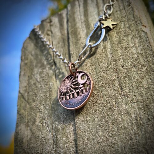 handmade and upcycled summer solstice Strawberry Moon gazing hare solstice coin necklace pendant