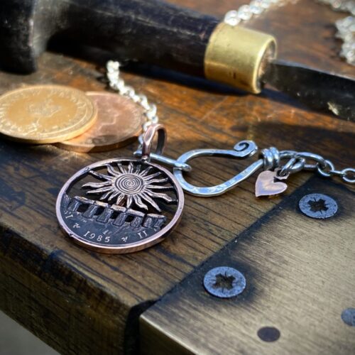 1985 summer solstice hand cut half penny coin pendant