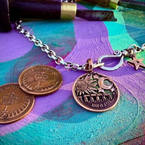 handmade and upcycled summer solstice Strawberry Moon gazing hare solstice coin necklace pendant