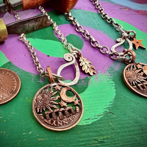 handmade and upcycled summer solstice Strawberry Moon gazing hare solstice coin necklace pendant