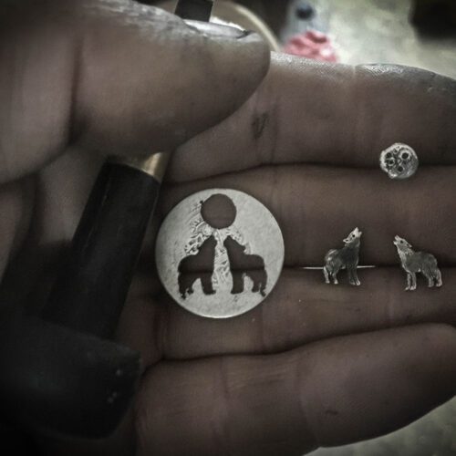 Wolf earrings - handmade and recycled sterling silver shilling coin.