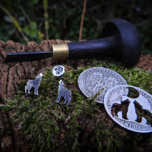 Wolf earrings - handmade and recycled sterling silver shilling coin.