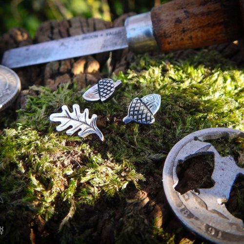 Acorn and oak leaf earrings - handmade and recycled sterling silver shilling