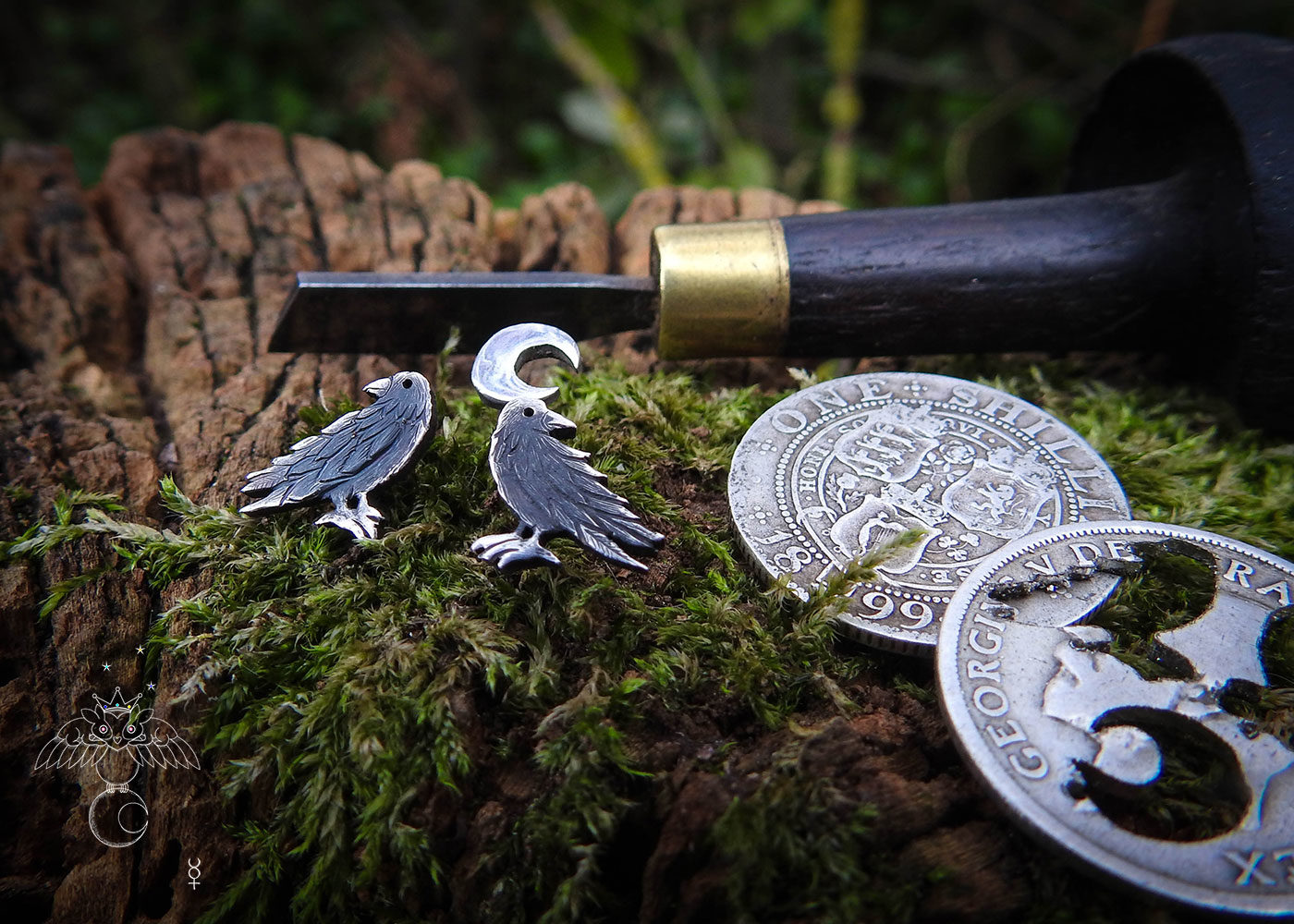 Raven earrings - handmade and recycled sterling silver shilling coin.
