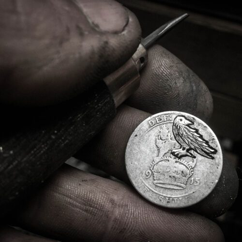 Raven earrings - handmade and recycled sterling silver shilling coin.