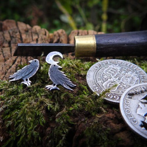 Raven earrings - handmade and recycled sterling silver shilling coin.