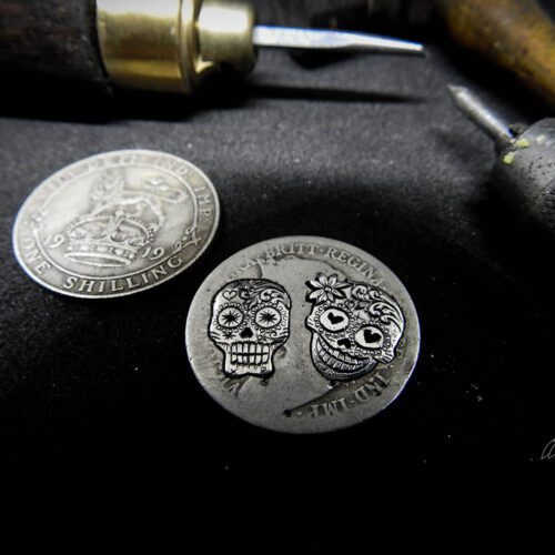 Day of the dead skull earrings - handmade and recycled sterling silver shilling coin.