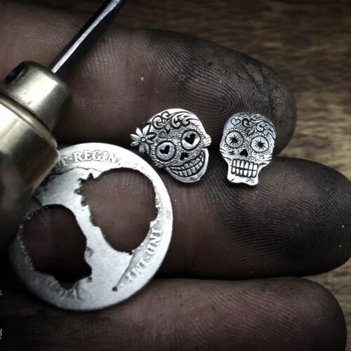 Day of the dead skull earrings - handmade and recycled sterling silver shilling coin.