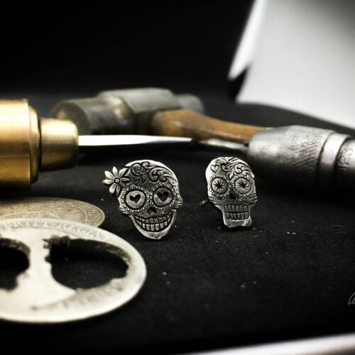 Day of the dead skull earrings - handmade and recycled sterling silver shilling coin.