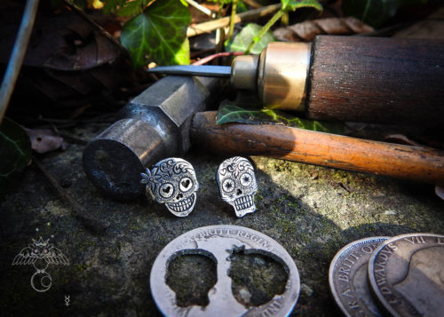 Day of the dead skull earrings - handmade and recycled sterling silver shilling coin.