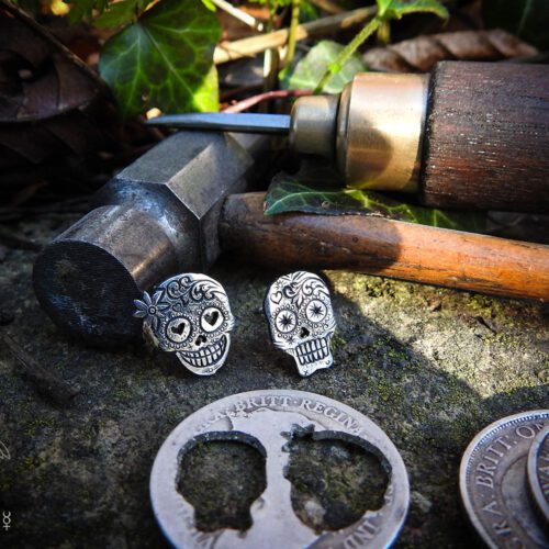 Day of the dead skull earrings - handmade and recycled sterling silver shilling coin.