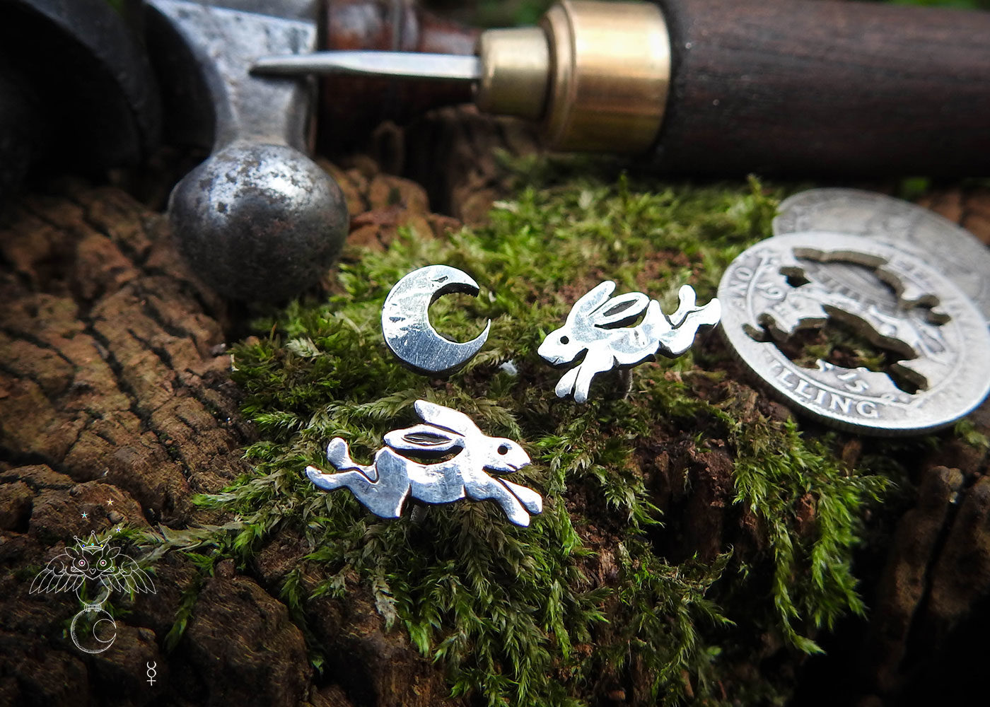 Magical hare earrings - handmade and recycled sterling silver shillings