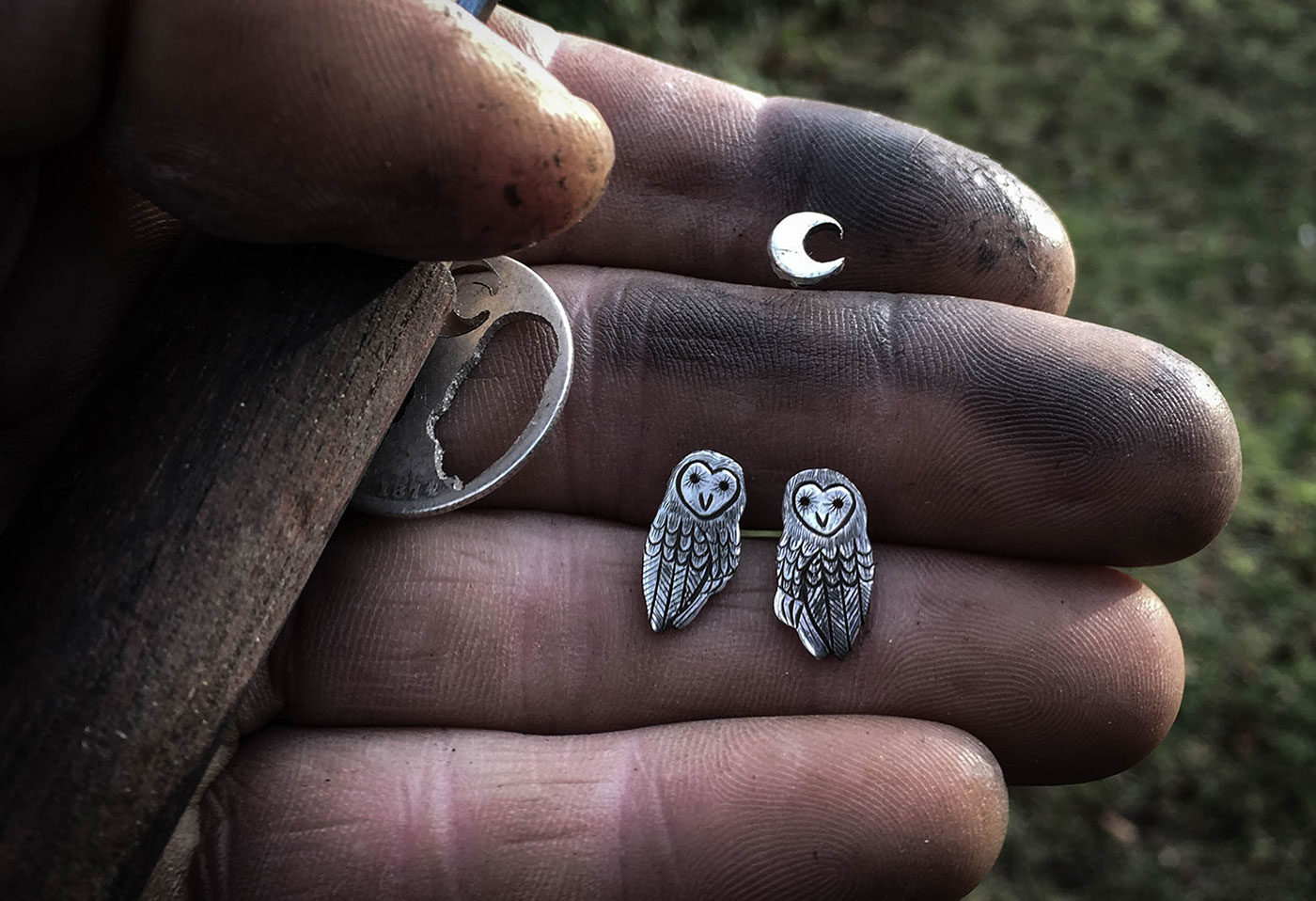 Barn owl earrings - handcrafted and recycled sterling silver shilling.